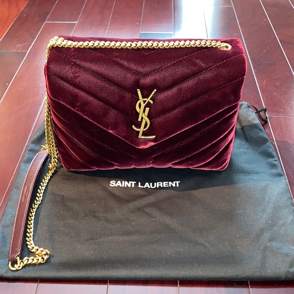 YSL Small Lou Lou Velvet Chain Bag in Burgundy